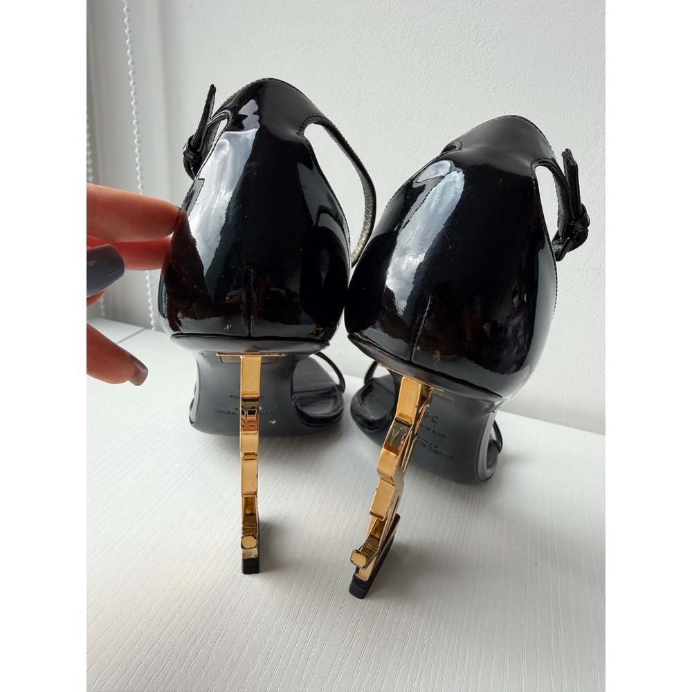 Saint Laurent Opyum Black Patent Leather YSL Gold Monogram Heel Sandals Size 38 - Picture 5 of 12